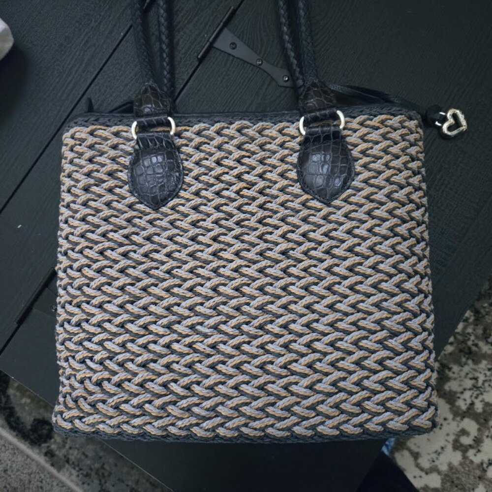 Brighton Eva Straw Shoulder Navy / Tan Bag in original box - Picture 6 of 11